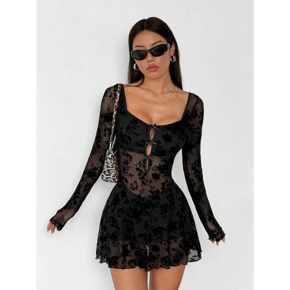 Womens Lace Whimsigoth Dark Fairy Sheer Skort Mini Dress Black Romantic Gothic